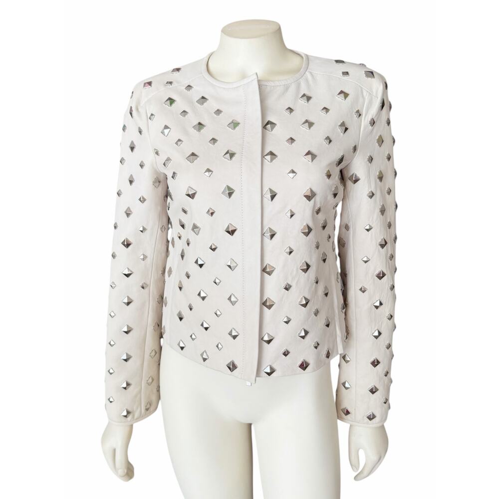 Diane Von Furstenberg Kate Leather Studded Cream Silver Jacket Sz 2